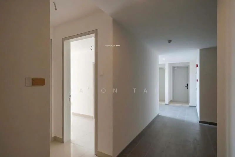 Room features: white painted walls, tile flooring, door frames, light fixtures, neutral color scheme, hallway layout, multiple doorways, recessed lighting; style: modern.