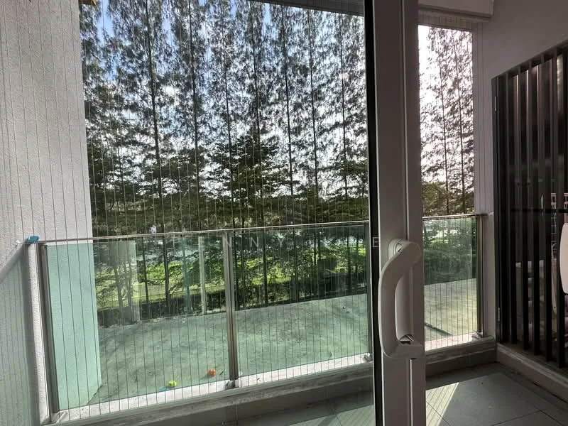 Room features: glass balcony railing, sliding glass door, concrete flooring, view of trees, outdoor space, natural light, floor-to-ceiling windows; style: modern; view: garden.