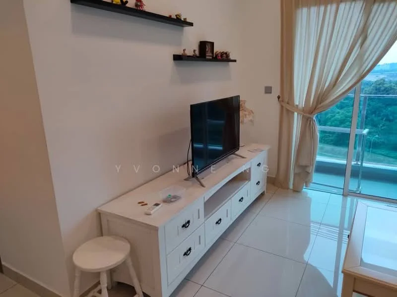 Living features: white TV console with drawers, flat-screen TV, light-colored walls, large glass sliding door, curtains, white tiled flooring, decorative items on shelves, stool, view of greenery outside; style: modern; view: garden.