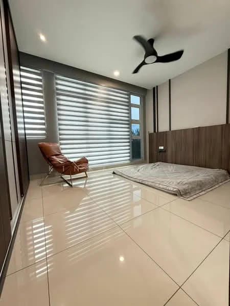 Bedroom features: large floor-to-ceiling windows, roller blinds, cream painted walls, wood panel accent wall, polished ceramic tile flooring, 5-blade ceiling fan, single bed mattress on the floor, leather armchair, decorative wall light; style: modern; view: city.