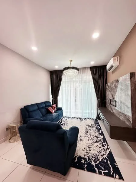Living features: 3-seater fabric sofa in navy blue, armchair in navy blue, chandelier with crystals, wall-mounted TV unit, decorative wall panel, large floor-to-ceiling windows, sheer curtains, blackout curtains, area rug with abstract pattern, recessed ceiling lights, white tiled flooring, air conditioning unit; style: modern.