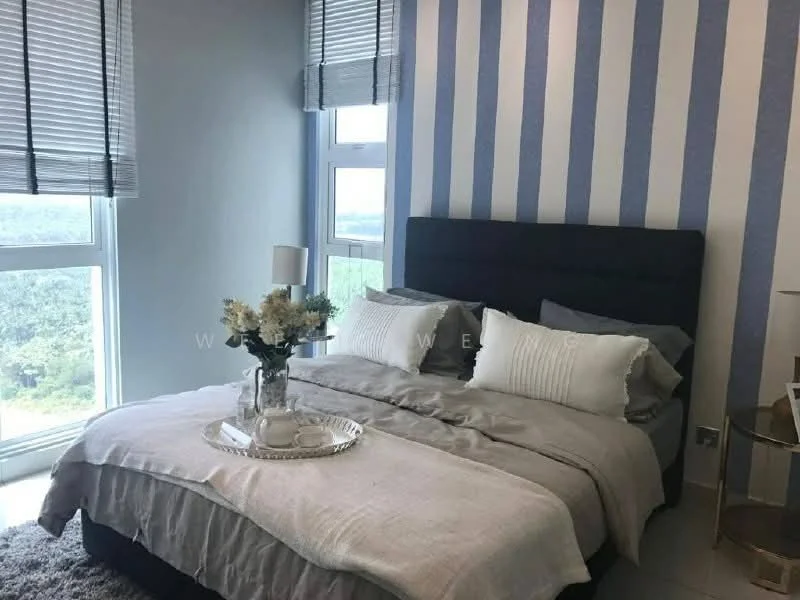 Bedroom features: king-size bed with upholstered headboard, grey bedding, striped accent wall in blue and white, floor-to-ceiling windows, sheer window blinds, decorative tray with flowers, side table with lamp, carpeted flooring; style: modern; view: garden.