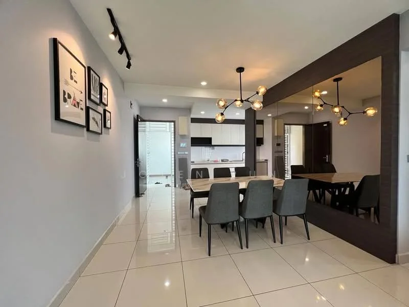 Dining features: dining table with 6 grey upholstered chairs, large mirror on one wall, white painted walls, recessed ceiling lights, pendant light fixture with multiple bulbs, glossy white tile flooring, open layout to kitchen, decorative wall art; style: modern. Kitchen features: white cabinetry, stainless-steel appliances, kitchen island, countertop with bar seating, open layout to dining area; style: modern.