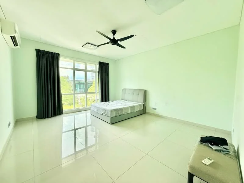 Bedroom features: light green painted walls, glossy tile flooring, 5-blade ceiling fan with light, floor-to-ceiling windows, blackout curtains, queen-size bed, upholstered headboard, sliding mirror wardrobe, air conditioning unit; style: modern; view: garden.