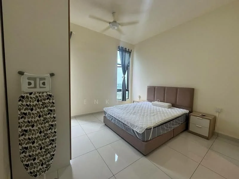 Bedroom features: queen-size bed, upholstered headboard, nightstand with drawer, floor-to-ceiling window, curtains, ceiling fan, white painted walls, glossy tile flooring, ironing board, light switch; style: modern.