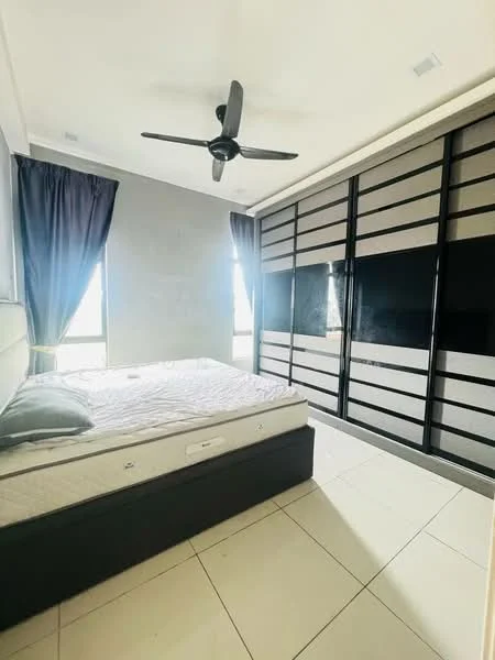 Bedroom features: queen-size bed, black upholstered bed frame, 2 bedside pillows, ceiling fan, floor-to-ceiling windows, blackout curtains, light grey painted walls, built-in wardrobe with sliding doors, white tiled flooring; style: modern.