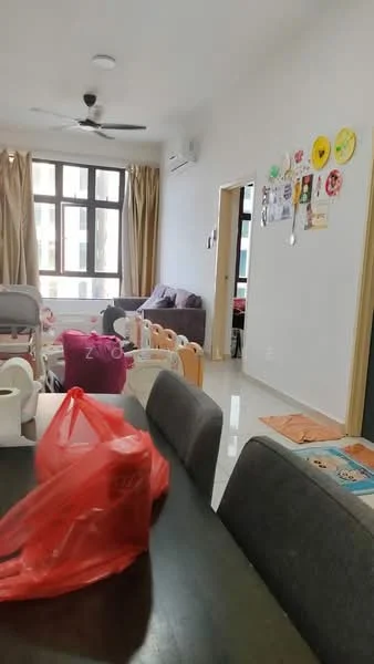 Living features: white painted walls, light-colored tiled flooring, 5-blade ceiling fan, floor-to-ceiling windows, beige curtains, sofa in dark color, children's play area with toys, wall-mounted air conditioning unit, decorative wall art, dining table with grey chairs; style: modern.