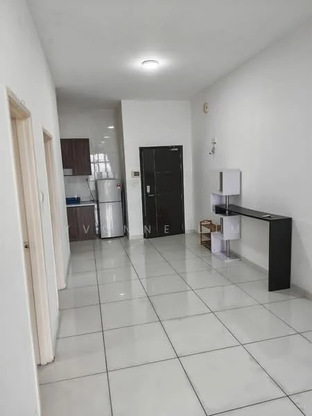 Room features: white painted walls, glossy ceramic tile flooring, recessed ceiling lights, kitchen area with wooden cabinetry, stainless-steel fridge, black front door, open space layout, wall-mounted shelf unit, neutral color scheme; style: modern.
