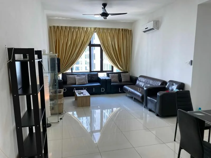 Living features: white painted walls, glossy tile flooring, 5-blade ceiling fan, floor-to-ceiling windows, sheer curtains, brown leather sofa, 2-seater fabric sofa in grey, wooden coffee table, black TV console, wall-mounted air conditioning unit, decorative throw pillows, area rug; style: modern; view: city.