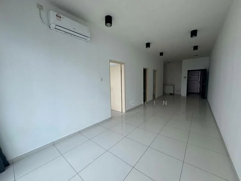 Room features: white painted walls, glossy white tile flooring, recessed downlights, 1 wall-mounted split AC, 2 doors leading to other rooms, open space layout; style: modern.