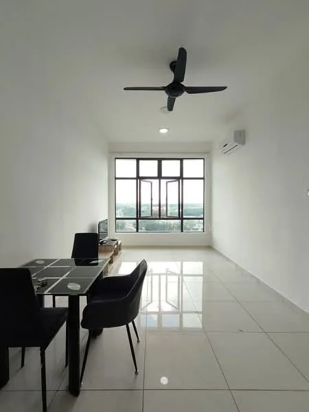 Living features: white painted walls, glossy white tile flooring, 5-blade ceiling fan with light, floor-to-ceiling windows, black dining table with glass top, 4 black dining chairs, wall-mounted TV console, air conditioning unit; style: modern; view: city.