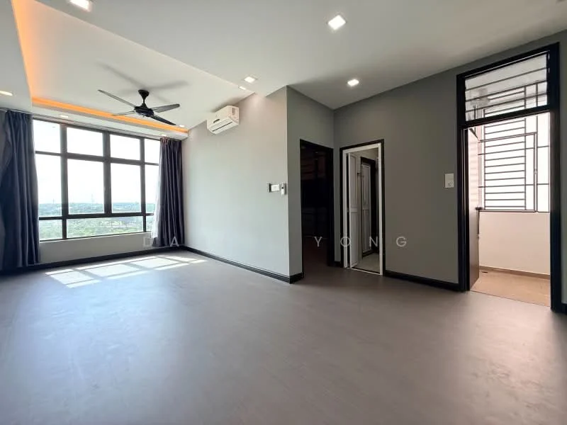 Living features: floor-to-ceiling windows, grey painted walls, 5-blade ceiling fan with light, recessed downlights, dark laminate flooring, curtains, air conditioning unit, door leading to balcony; style: modern; view: city. Room features: door leading to unknown area.