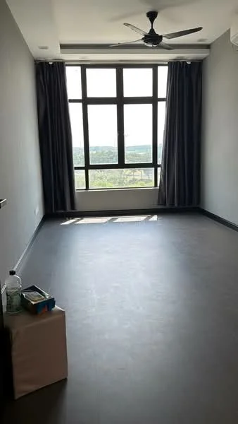 Room features: grey painted walls, vinyl plank flooring, floor-to-ceiling windows, blackout curtains, 5-blade ceiling fan, air conditioning unit, view of greenery, minimalist decor; style: modern; view: garden.