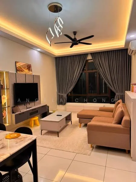 Living features: 3-seater fabric sofa in beige, coffee table, wall-mounted TV, TV console, area rug, 5-blade ceiling fan with integrated LED light, recessed downlights, floor-to-ceiling windows with sheer curtains, grey curtains, white painted walls, marble tile flooring; style: modern; view: city.