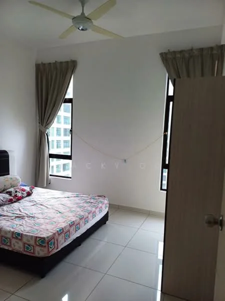Bedroom features: queen-size bed, upholstered headboard, bedside table, floor-to-ceiling windows, sheer curtains, light-colored walls, white tiled flooring, ceiling fan; style: modern; view: city.