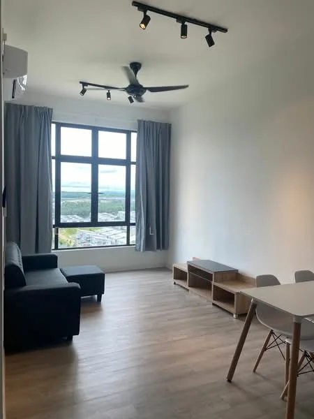 Living features: 3-seater fabric sofa in black, ceiling fan with integrated light, floor-to-ceiling windows, grey curtains, light wood flooring, dining table with white top and wooden legs, 4 dining chairs, open shelving unit, decorative wall, natural light from window, view of city skyline; style: modern; view: city.