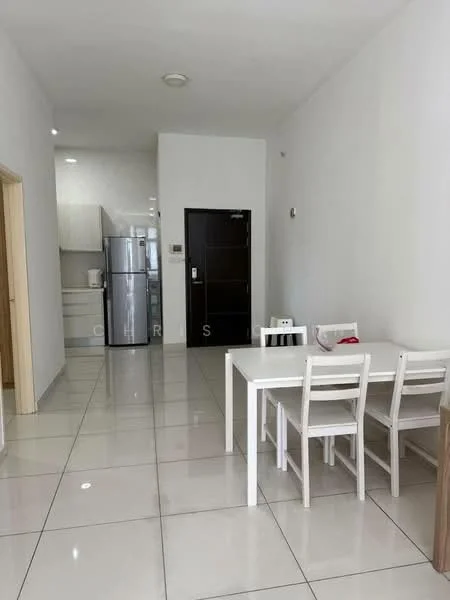Dining features: white dining table, 4 white dining chairs, white walls, glossy ceramic tile flooring, recessed downlights, door leading to hallway, door leading to kitchen, stainless-steel fridge, kitchen cabinetry visible in background; style: modern.