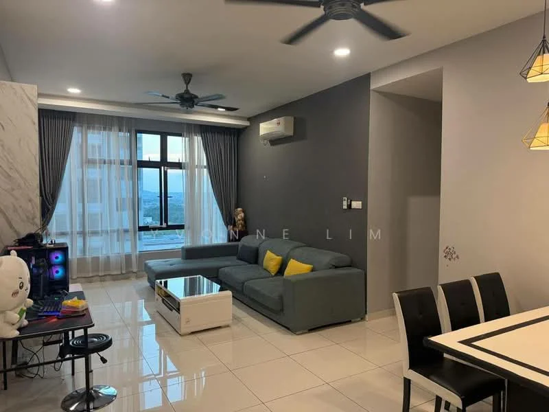 Living features: grey fabric sofa, white coffee table, wall-mounted TV, black dining chairs, dining table, 5-blade ceiling fan, floor-to-ceiling windows, sheer curtains, marble accent wall, white tiled flooring, air conditioning unit; style: modern; view: city.