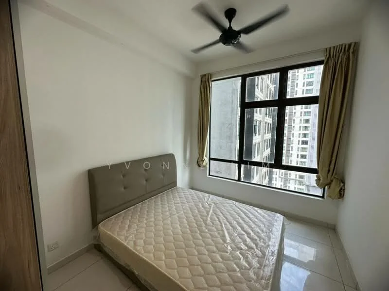 Bedroom features: queen-size bed, upholstered headboard, floor-to-ceiling windows, white painted walls, light-colored curtains, ceiling fan, glossy tile flooring; style: modern; view: city.