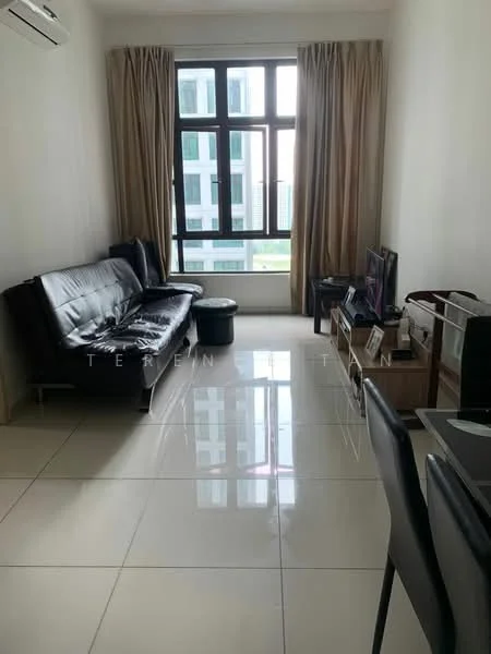 Living features: black leather sofa, glass coffee table, TV console, wall-mounted TV, floor-to-ceiling windows, sheer curtains, cream painted walls, glossy tile flooring, 1 wall-mounted split AC; style: modern; view: city.