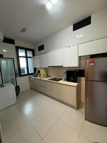 Kitchen features: white glossy cabinets, beige lower cabinets, black countertop, single-bowl stainless-steel sink, chrome pull-down faucet, built-in refrigerator, built-in washing machine, ceramic tile flooring, recessed LED downlights, window with view, wall-mounted cabinets, kitchen appliances, open shelving; style: modern.
