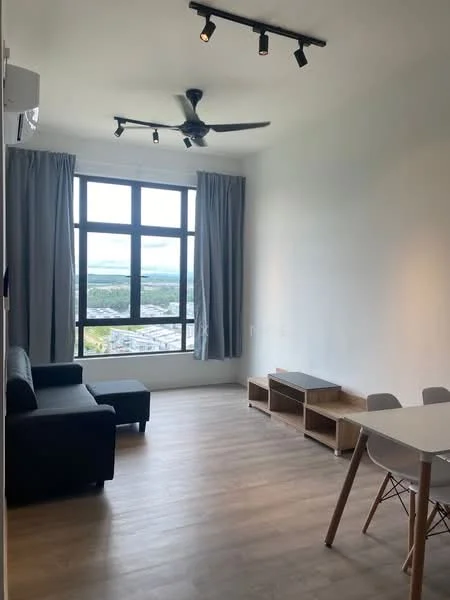 Living features: 3-seater fabric sofa in black, ceiling fan with integrated light, floor-to-ceiling windows, grey curtains, light wood flooring, dining table with white top and wooden legs, 4 dining chairs, open shelving unit, city view; style: modern; view: city.
