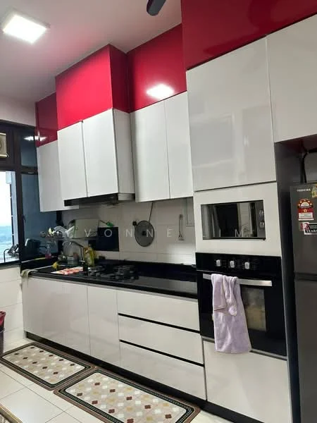 Kitchen features: red and white cabinetry, black countertop, stainless-steel sink, built-in oven, freestanding refrigerator, 4-burner gas hob, wall-mounted range hood, tile backsplash, ceramic tile flooring, window with city view, decorative rug, kitchen utensils visible; style: modern; view: city.