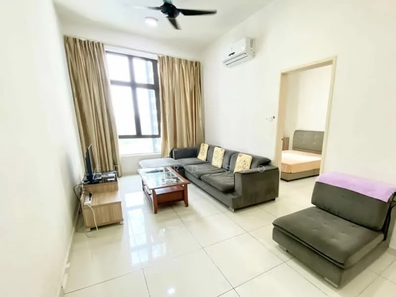 Living features: 3-seater fabric sofa in grey, 2-seater fabric sofa in dark grey, glass coffee table, TV console, wall-mounted TV, floor-to-ceiling window, sheer curtains, white painted walls, tile flooring, ceiling fan, air conditioning unit; style: modern; view: city. Room features: doorway leading to another room, light-colored walls, tile flooring.