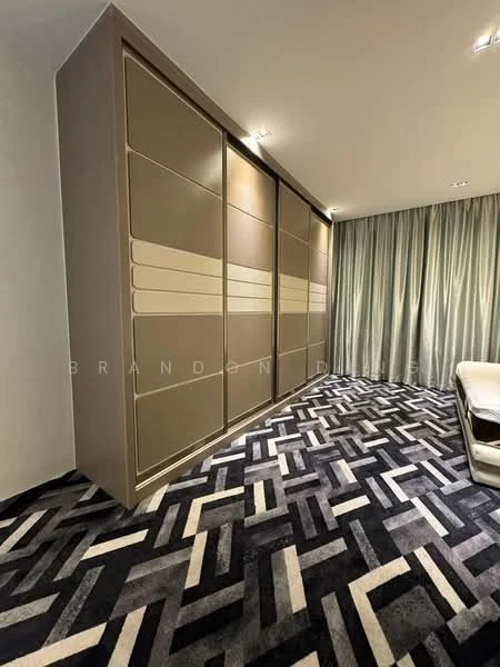 Room features: built-in wardrobe with sliding doors, cream and brown cabinetry, textured wall panels, grey patterned carpet flooring, floor-to-ceiling curtains, recessed lighting; style: modern.