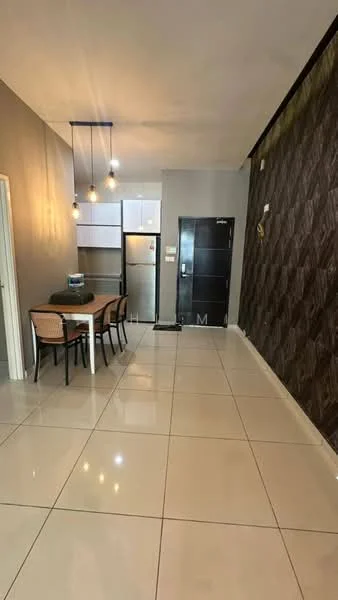 Dining features: dining table for 4, brown upholstered dining chairs, white walls, grey accent wall with geometric pattern, polished ceramic tile flooring, recessed downlights, hanging pendant lights, stainless-steel fridge, black main door; style: modern.
