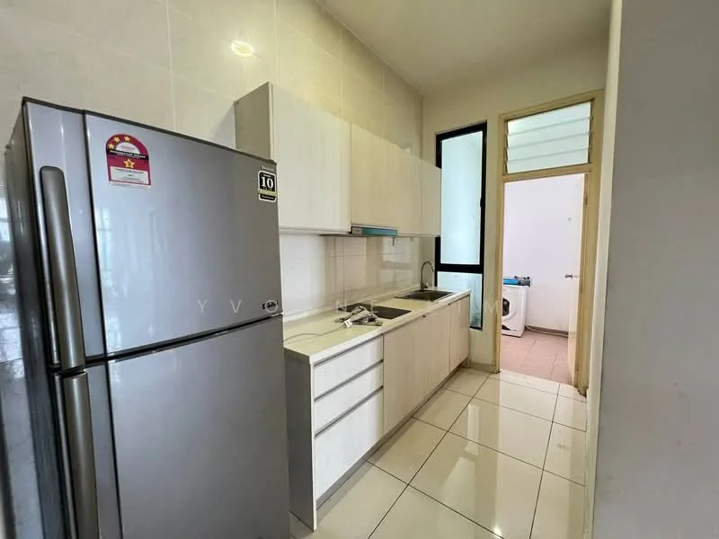 Kitchen features: stainless-steel fridge, white cabinetry, white countertop, single-bowl stainless-steel sink, chrome pull-down faucet, ceramic tile flooring, wall-mounted cabinets, window with glass panes, recessed lighting, laundry area visible through door; style: modern.
