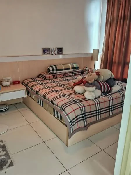 Bedroom features: queen-size bed with plaid bedding, wooden bed frame, two bedside tables, table lamp, decorative wall art, large window with brown curtains, tiled flooring, stuffed animals on bed, plaid throw blanket; style: modern.