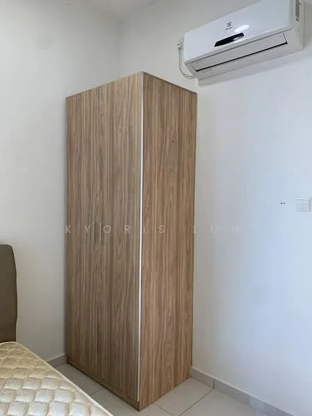 Room features: wooden wardrobe with sliding doors, wall-mounted air conditioning unit, white painted walls, tile flooring.
