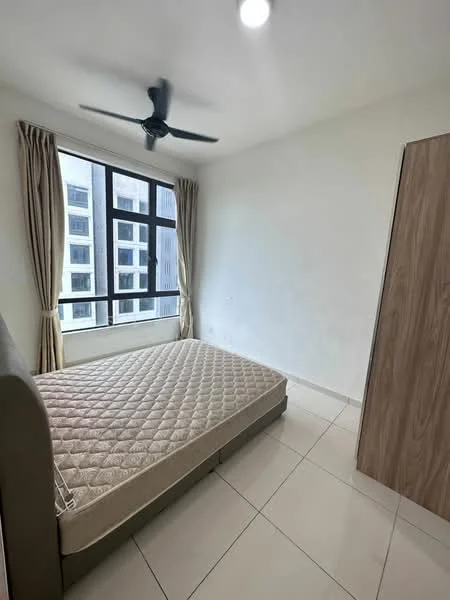 Bedroom features: queen-size bed base without mattress, light-colored walls, floor-to-ceiling windows, curtains, ceiling fan, white tiled flooring, built-in wardrobe with wood finish, natural light from window; style: modern.