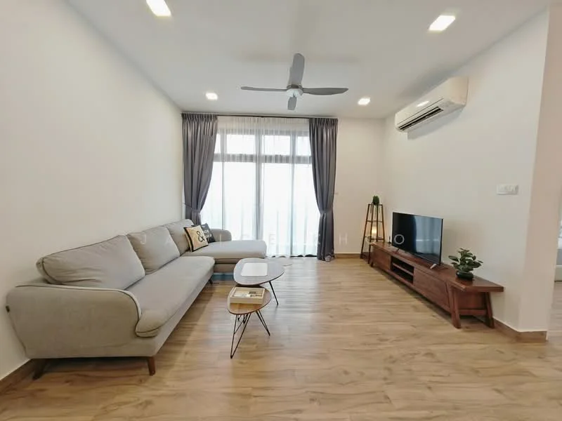 Living features: 3-seater fabric sofa in light grey, wooden coffee table with metal legs, TV console in dark wood, wall-mounted TV, floor-to-ceiling windows with sheer curtains, recessed LED downlights, ceiling fan, laminate flooring in light wood, decorative plant in ceramic pot, grey accent wall; style: modern.