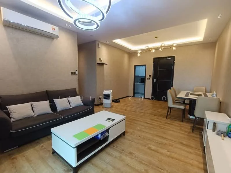 Living features: 3-seater fabric sofa in dark grey, coffee table with white top and wooden legs, wooden flooring, recessed ceiling with LED lighting, ceiling light fixture with circular design, wall-mounted air conditioning unit, decorative wall with textured finish, open layout leading to dining area, wall-mounted shelf, dining table with upholstered chairs; style: modern.