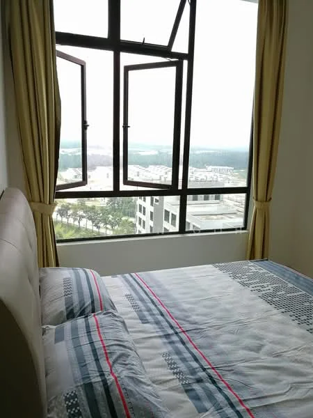 Bedroom features: queen-size bed, upholstered headboard, bedding with striped pattern, floor-to-ceiling windows, curtains in light yellow, view of city skyline, wooden flooring, decorative wall; style: modern; view: city.