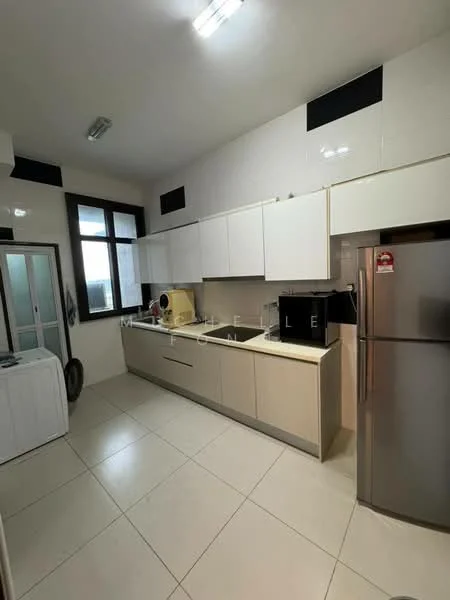 Kitchen features: white cabinets, grey countertop, stainless-steel fridge, built-in oven, microwave, single-bowl stainless-steel sink, chrome pull-down faucet, ceramic tile flooring, recessed downlights, window with natural light, washing machine, open shelving; style: modern.