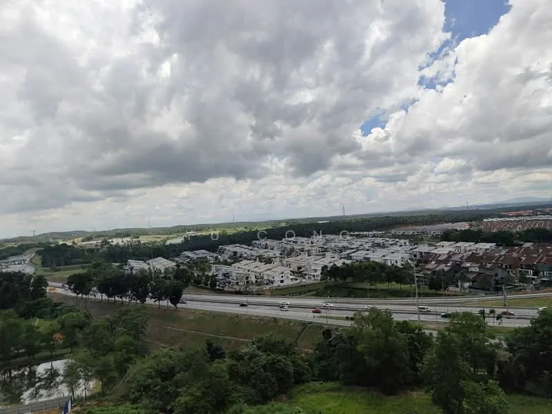 Exterior features: city skyline view, greenery in foreground, highway visible, residential area in background, cloudy sky, open landscape.