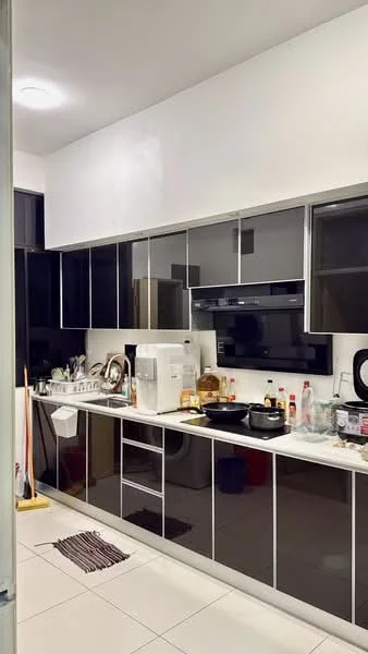 Kitchen features: black and white cabinetry, stainless-steel appliances, built-in oven, microwave, double-bowl stainless-steel sink, chrome pull-down faucet, black countertop, tile backsplash, recessed ceiling lights, white walls, ceramic tile flooring, kitchen island, wall-mounted TV; style: modern.
