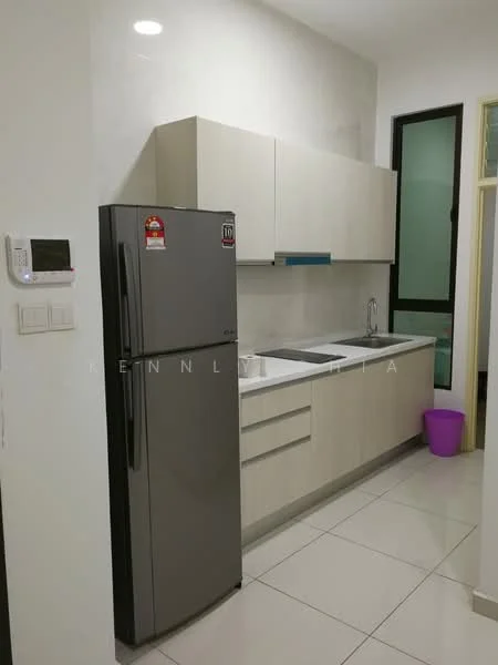 Kitchen features: grey refrigerator, double-bowl stainless-steel sink, chrome pull-down faucet, light wood cabinetry, white countertop, white tiled backsplash, ceramic tile flooring, wall-mounted air conditioning unit, window with black frame, purple waste bin; style: modern.