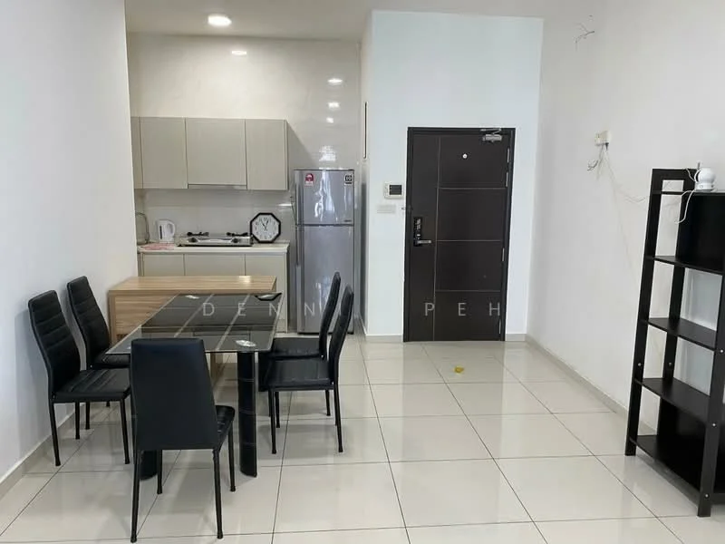 Dining features: 6-seater dining table, black dining chairs, white tiled flooring, white painted walls, kitchen cabinetry, stainless-steel fridge, built-in oven, gas hob, kitchen countertop, wall-mounted clock; style: modern. Room features: main entrance door, light fixtures, wall-mounted electrical outlets.