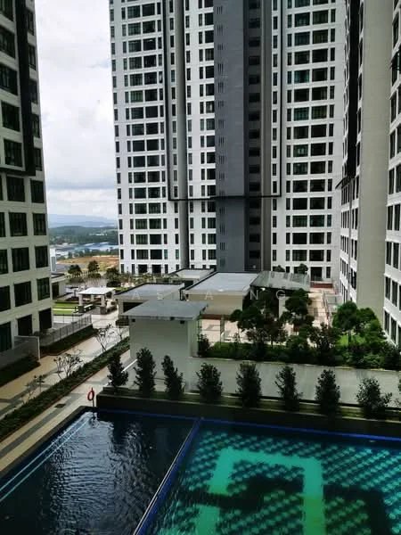 Exterior type: high-rise condominium; features: swimming pool, landscape garden, manicured lawn, outdoor seating area, surrounding greenery, modern architectural design, balconies on upper floors, pool deck with loungers; style: modern.