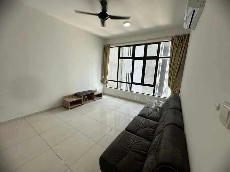 Living features: light-coloured painted walls, white ceiling, floor-to-ceiling windows, curtains, 3-seater fabric sofa in dark colour, coffee table, wall-mounted air conditioning unit, ceiling fan, tile flooring; style: modern.