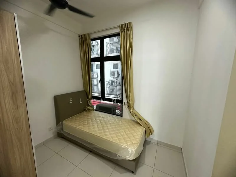 Bedroom features: single bed with mattress, cream bed frame, floor-to-ceiling window, sheer curtains, white painted walls, tile flooring, ceiling fan, built-in wardrobe; style: modern.