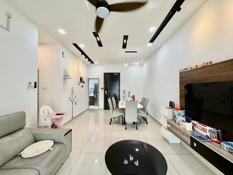 Living features: grey leather sofa, round black coffee table, white tiled flooring, white painted walls, recessed LED downlights, 5-blade ceiling fan, wall-mounted TV, decorative wall art, dining table with four chairs, open layout to kitchen, large window for natural light; style: modern.