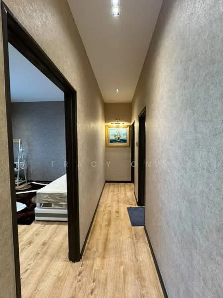Hallway features: light brown textured wallpaper, laminate flooring in light wood finish, recessed ceiling lights, black door frames, painted walls, artwork on wall, carpet mat at entrance; style: modern.