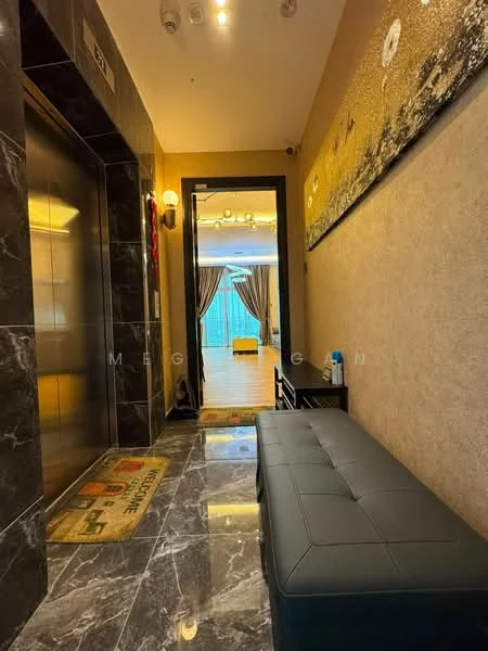 Room features: black marble flooring, elevator access, decorative wall art, recessed lighting, wall-mounted light fixtures, bench seating, doorway leading to another room, curtains, wall paneling, decorative rug; style: modern.