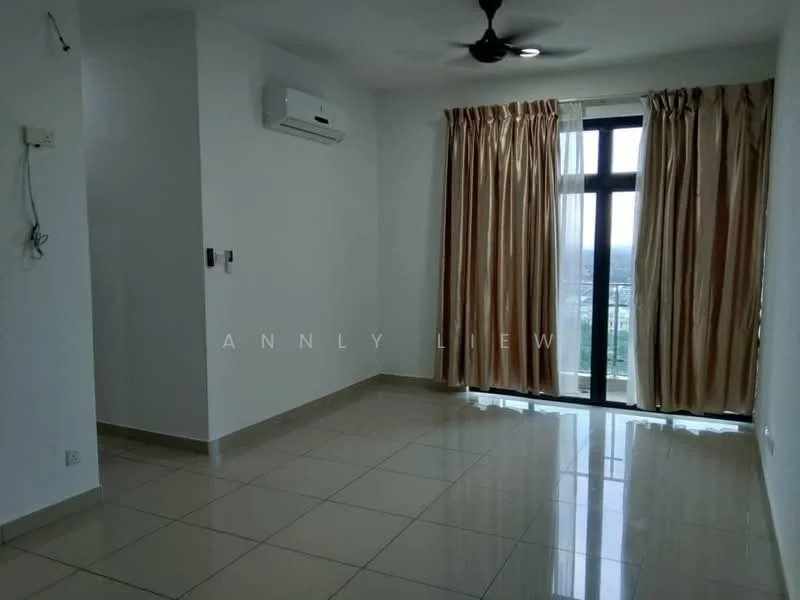 Living features: cream painted walls, glossy ceramic tile flooring, 5-blade ceiling fan with light, floor-to-ceiling windows, sheer curtains, wall-mounted split AC, neutral color scheme, city view; style: modern; view: city.