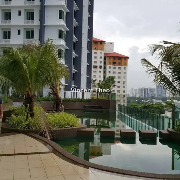 Exterior type: high-rise condominium; features: infinity pool, landscaped garden with palm trees, manicured lawn, glass railing, surrounding city skyline, modern architectural design, multiple-storey building, water feature; style: modern.